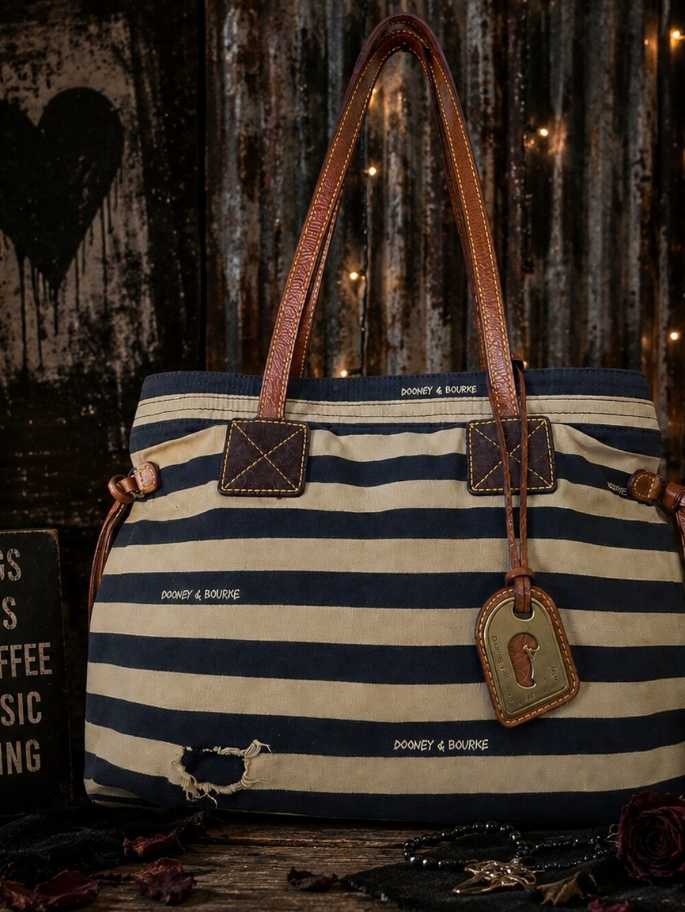 Dooney & Bourke Striped Canvas Leather Tote Distressed Grunge Bag